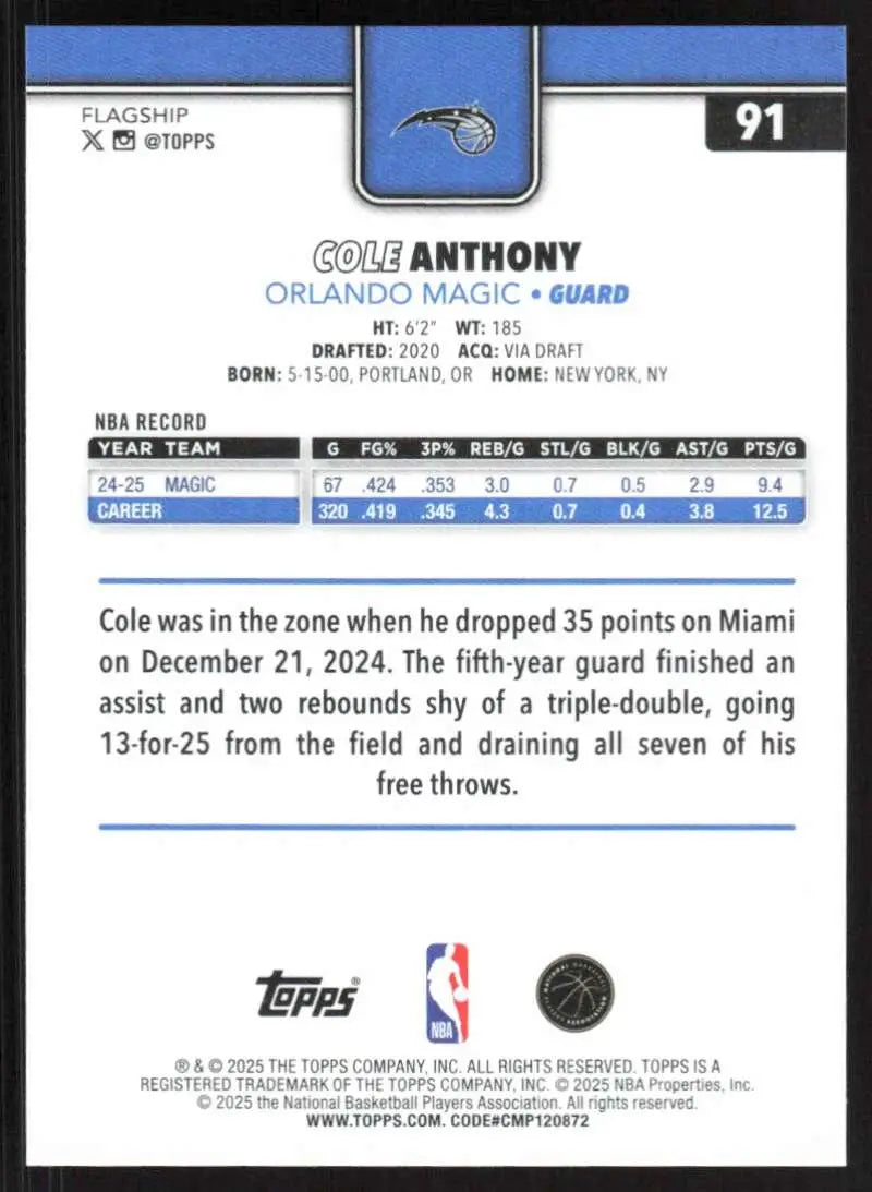 2025-26 Topps #91 Cole Anthony NM-MT Orlando Magic Basketball Card - Basketball Card Single