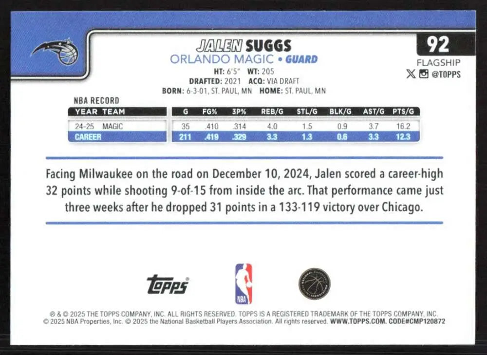 2025-26 Topps #92 Jalen Suggs NM-MT Orlando Magic Basketball Card - Basketball Card Single