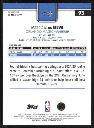 2025-26 Topps #93 Tristan da Silva NM-MT Magic ID:80802 - Basketball Card Single