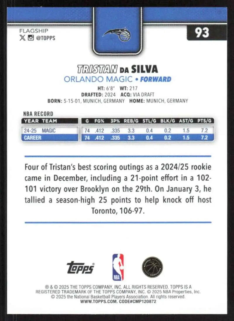 2025-26 Topps #93 Tristan da Silva NM-MT Orlando Magic Basketball Card - Basketball Card Single