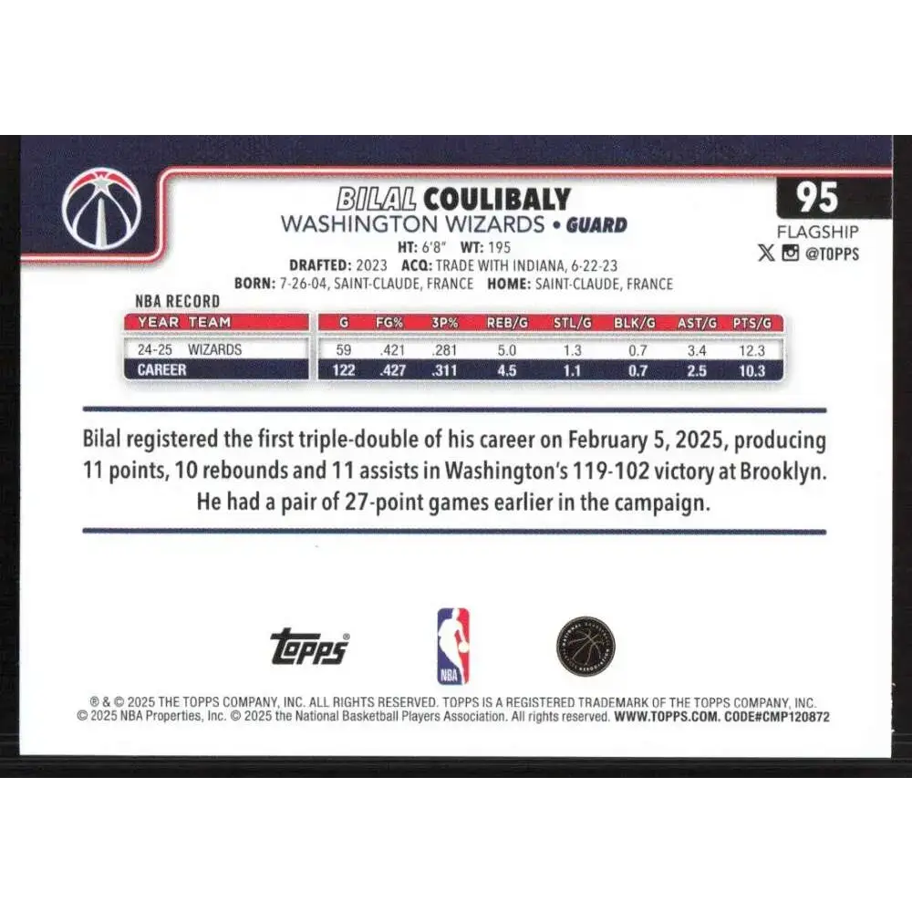2025-26 Topps #95 Bilal Coulibaly NM-MT Washington Wizards Basketball Card - Basketball Card Single