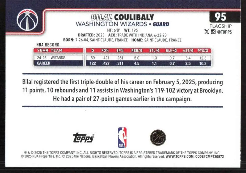 2025-26 Topps #95 Bilal Coulibaly NM-MT Washington Wizards Basketball Card - Basketball Card Single