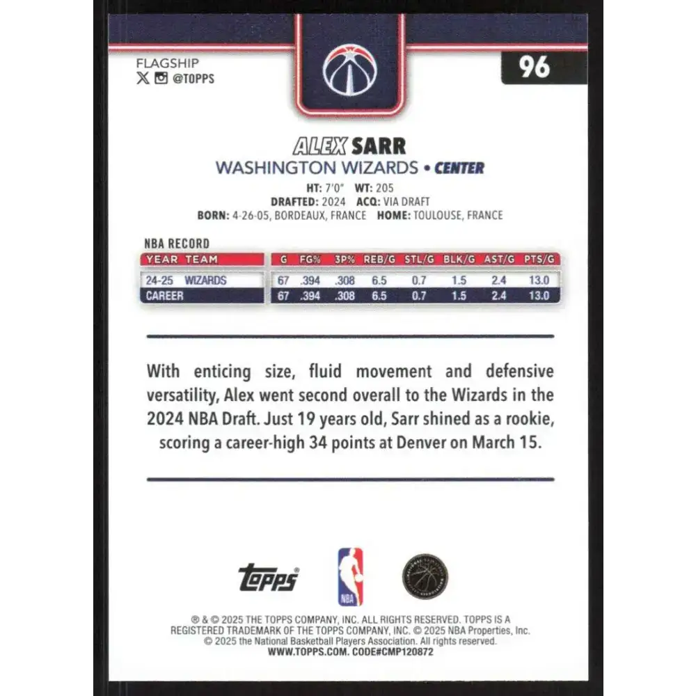 2025-26 Topps #96 Alex Sarr NM-MT Washington Wizards Basketball Card - Basketball Card Single