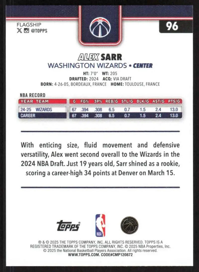 2025-26 Topps #96 Alex Sarr NM-MT Washington Wizards Basketball Card - Basketball Card Single