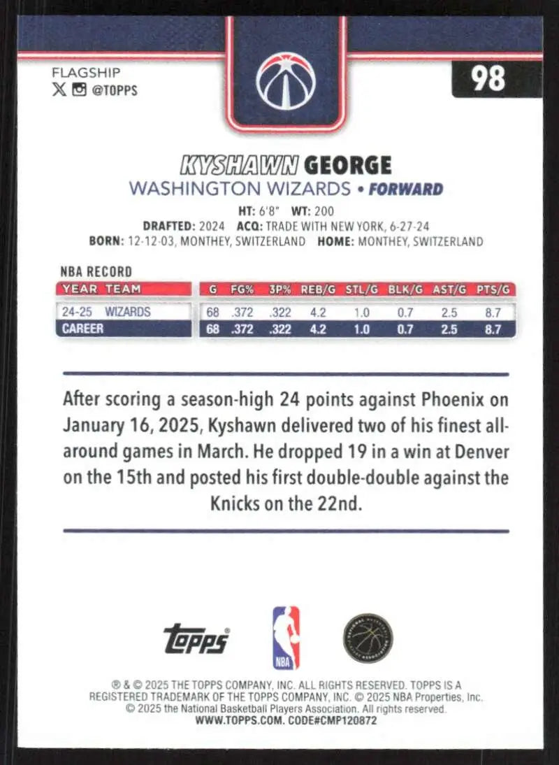 2025-26 Topps #98 Kyshawn George NM-MT Washington Wizards Basketball Card - Basketball Card Single