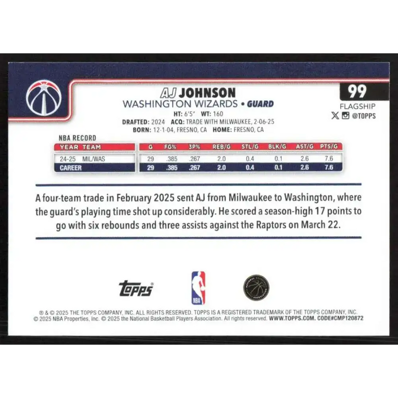 2025-26 Topps #99 AJ Johnson NM-MT Washington Wizards Basketball Card - Basketball Card Single