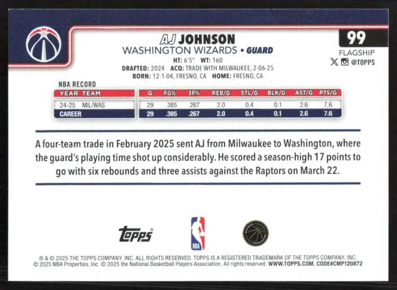 2025-26 Topps #99 AJ Johnson NM-MT Washington Wizards Basketball Card - Basketball Card Single