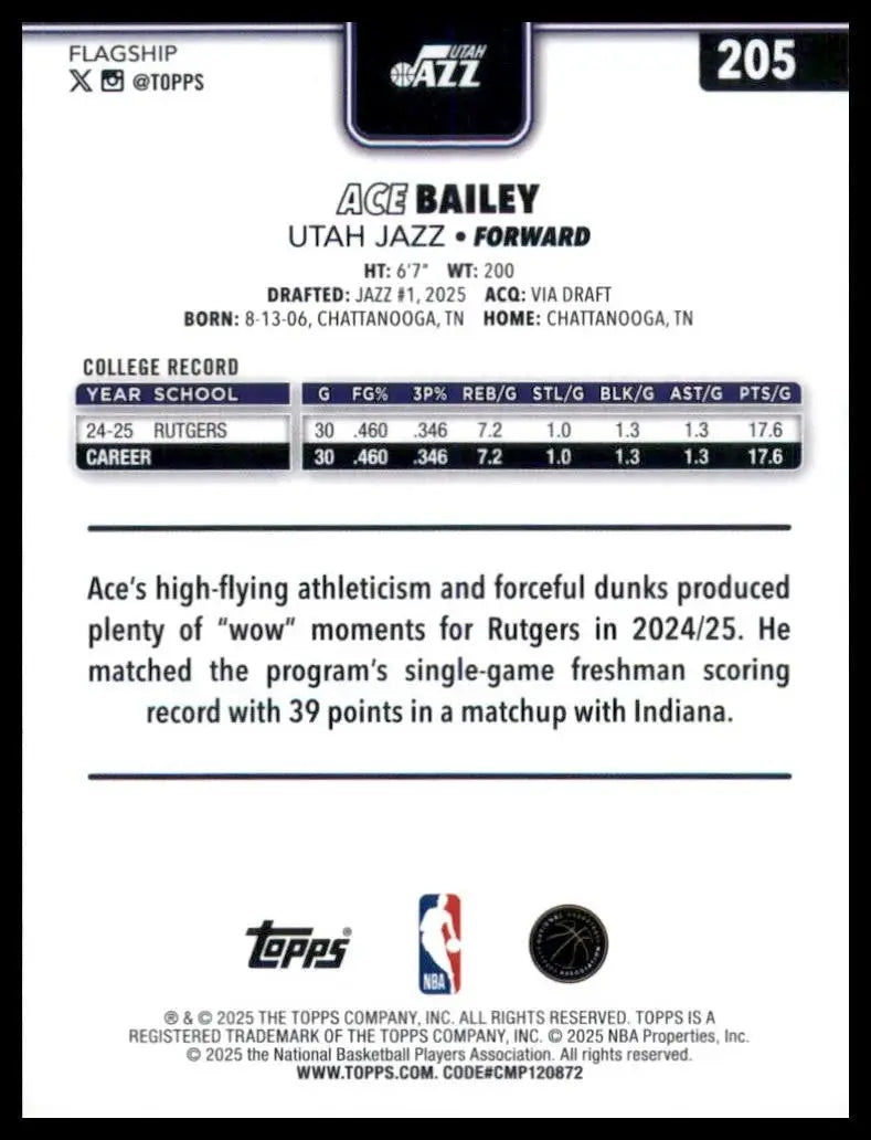 2025-26 Topps Ace Bailey Rookie #205 Utah Jazz Basketball Card NBA Sports