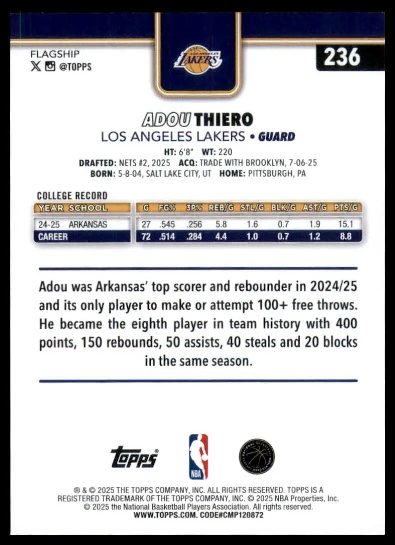 2025-26 Topps Adou Thiero Rookie #236 Los Angeles Lakers Basketball Card NBA - Basketball Card Single