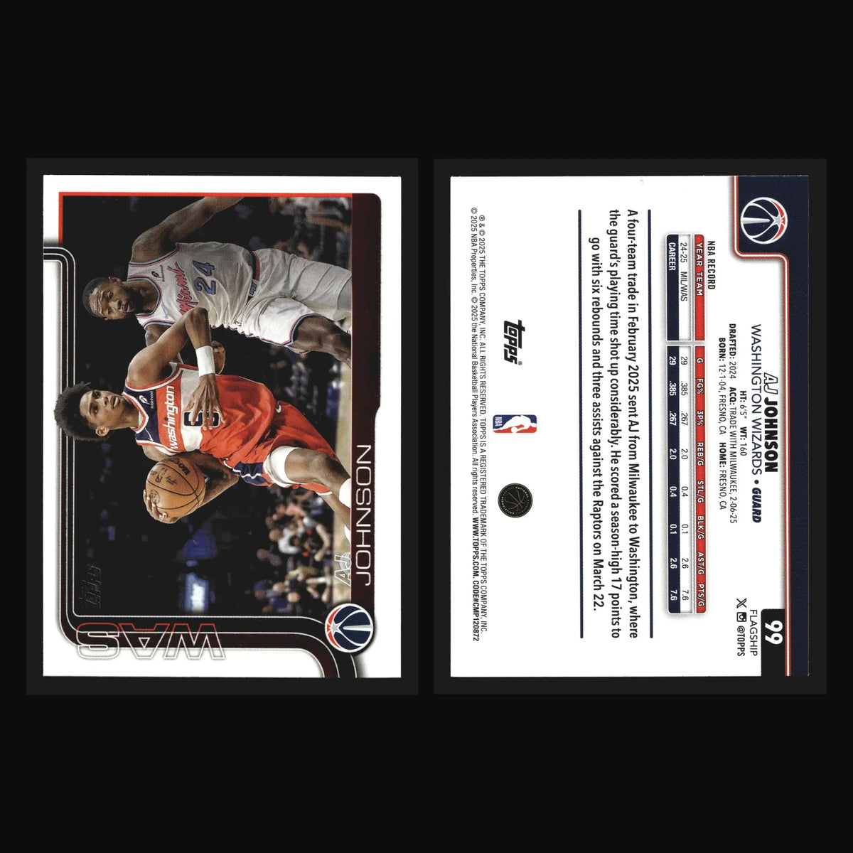 2025-26 Topps AJ Johnson #99 Wizards - Basketball Card Single