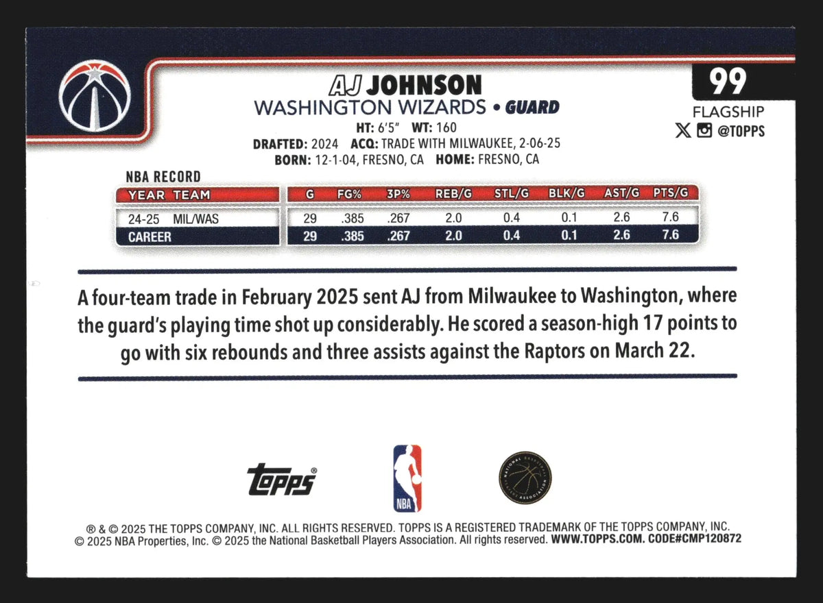 2025-26 Topps AJ Johnson #99 Wizards - Basketball Card Single
