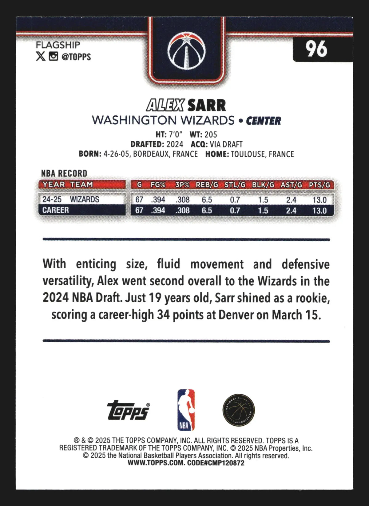 2025-26 Topps Alex Sarr #96 Wizards - Basketball Card Single