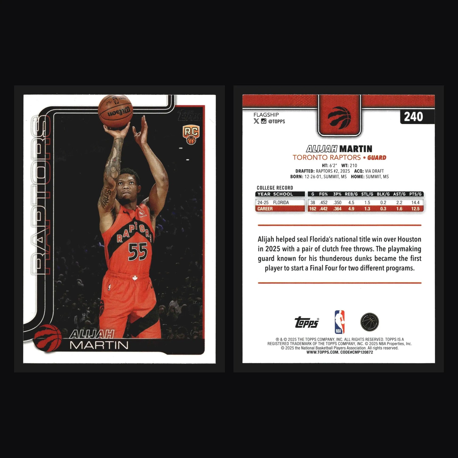 2025-26 Topps Alijah Martin #240 RC Toronto Raptors Rookie - Basketball Card Single