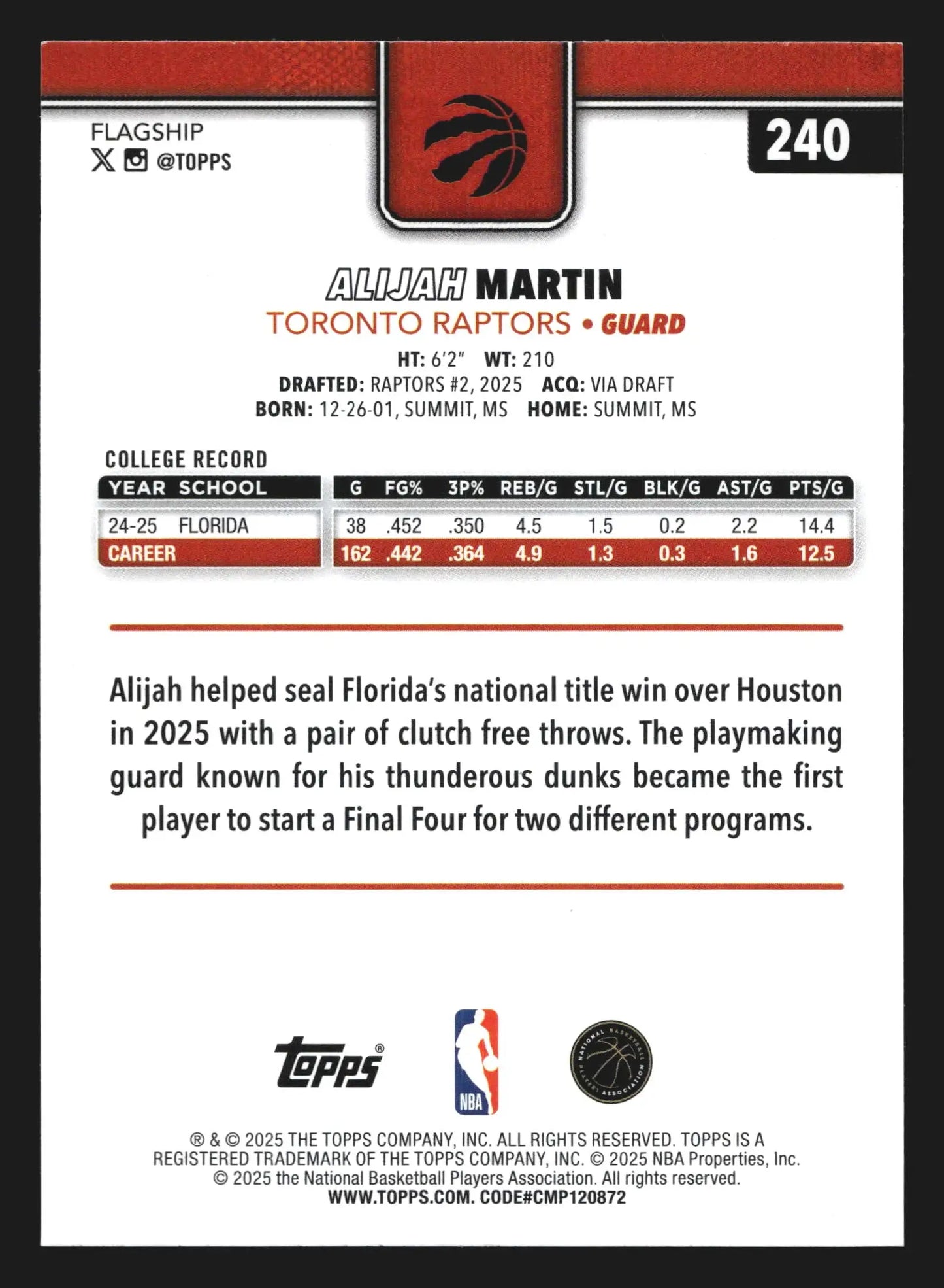 2025-26 Topps Alijah Martin #240 RC Toronto Raptors Rookie - Basketball Card Single