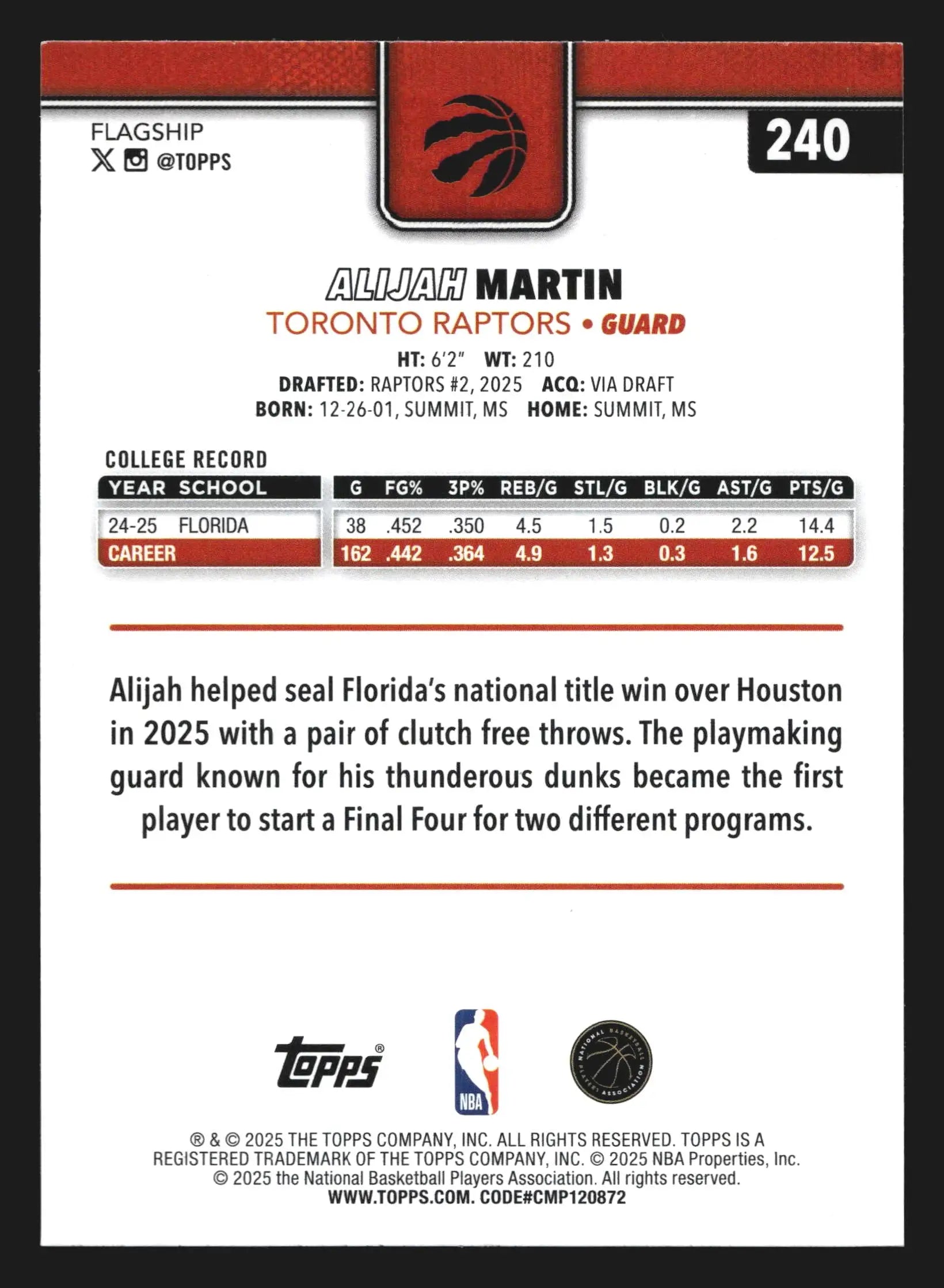 2025-26 Topps Alijah Martin #240 RC Toronto Raptors Rookie - Basketball Card Single