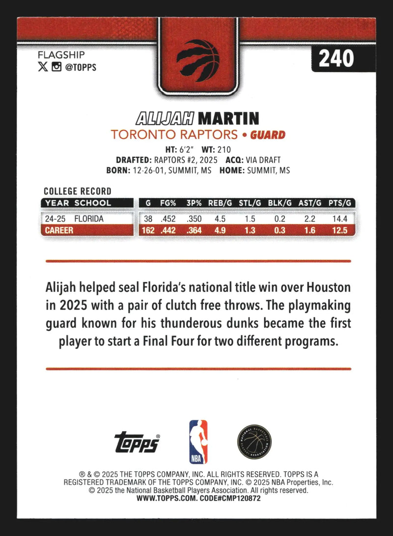 2025-26 Topps Alijah Martin #240 RC Toronto Raptors Rookie - Basketball Card Single
