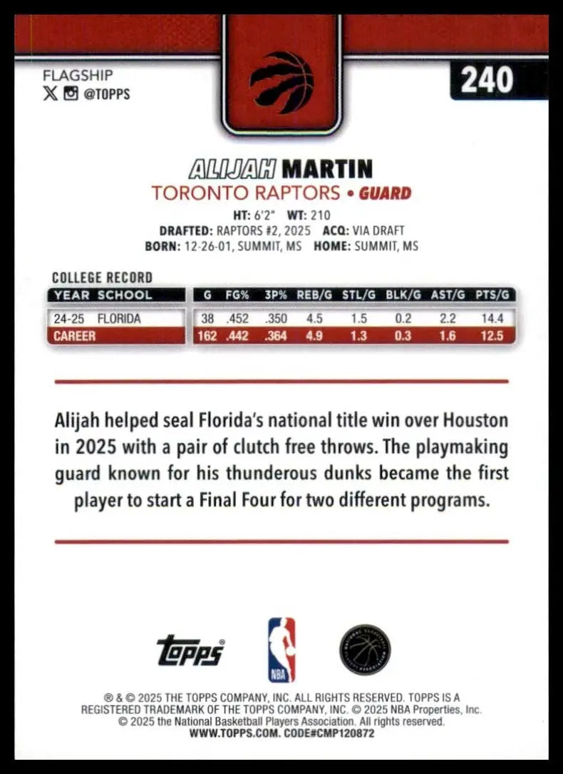 2025-26 Topps Alijah Martin Rookie #240 Toronto Raptors Basketball Card NBA - Basketball Card Single