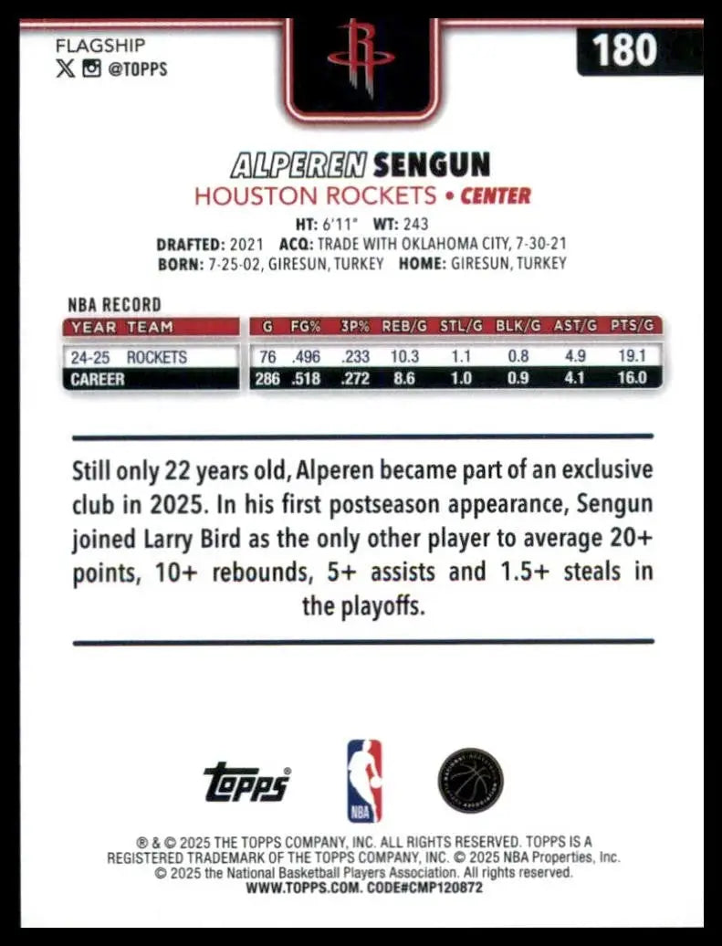 2025-26 Topps Alperen Sengun #180 Houston Rockets Basketball Card NBA Sports - Trading Cards