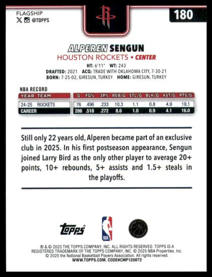 2025-26 Topps Alperen Sengun #180 Houston Rockets Basketball Card NBA Sports - Trading Cards