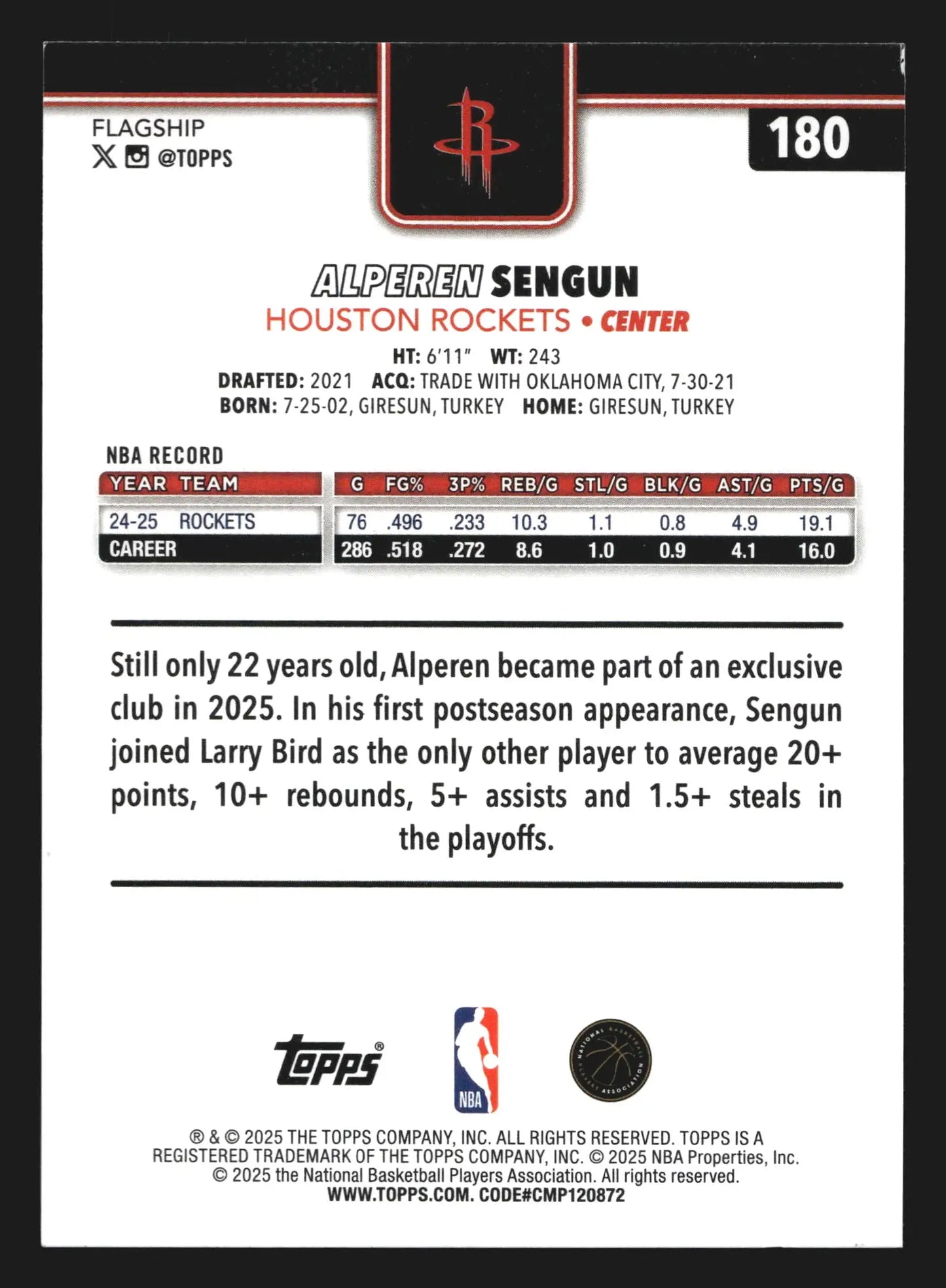 2025-26 Topps Alperen Sengun #180 Rainbow Foilboard Houston Rockets - Basketball Card Single