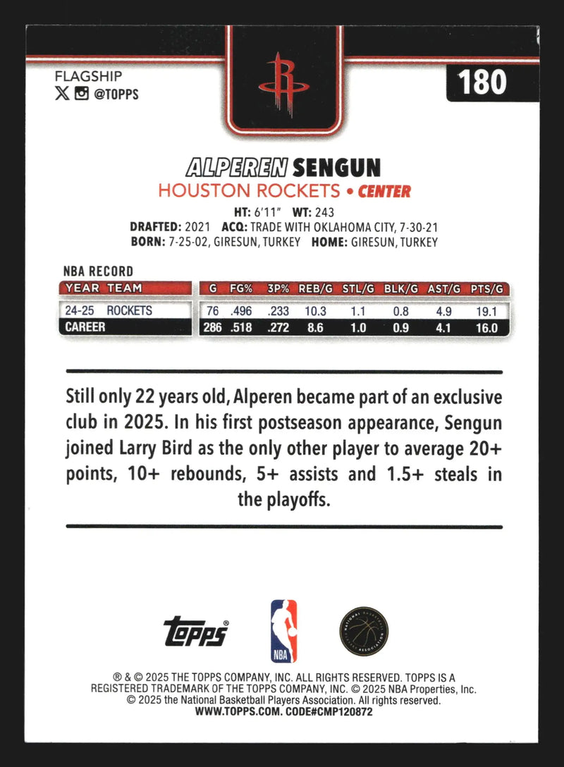 2025-26 Topps Alperen Sengun #180 Rainbow Foilboard Houston Rockets - Basketball Card Single