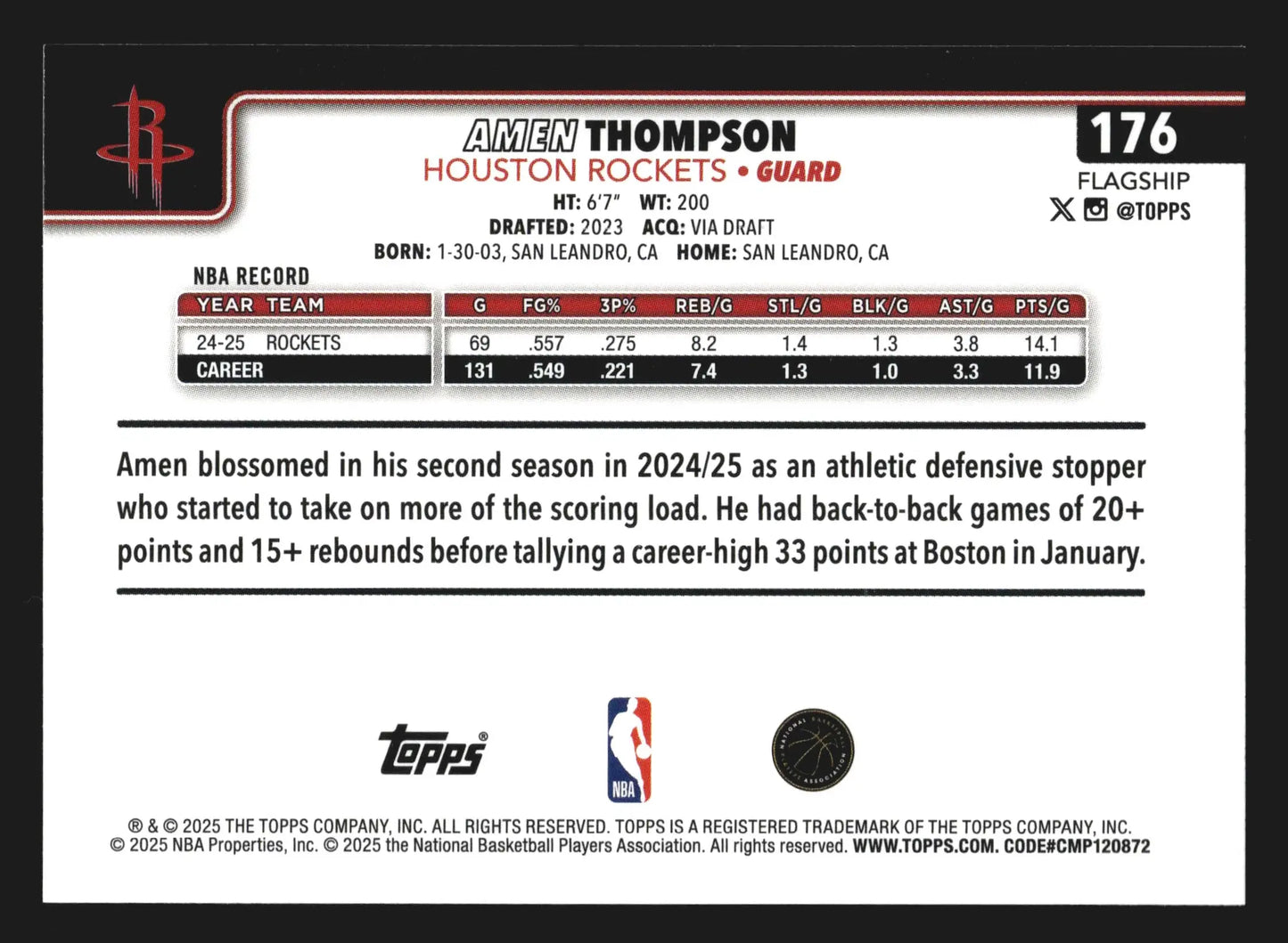 2025-26 Topps Amen Thompson #176 Houston Rockets - Basketball Card Single