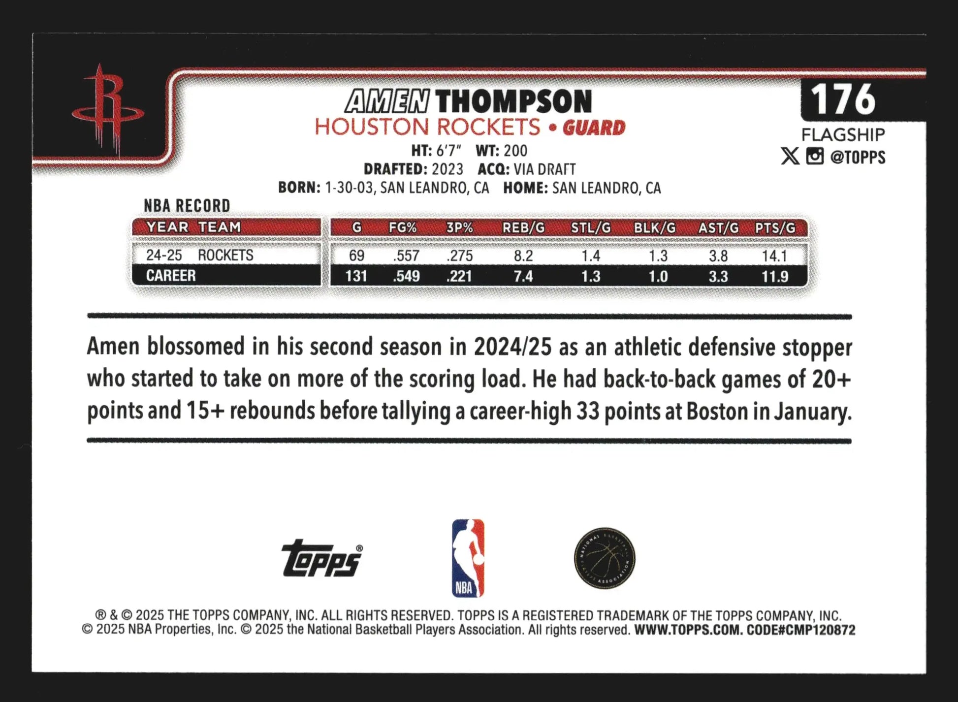2025-26 Topps Amen Thompson #176 Houston Rockets - Basketball Card Single