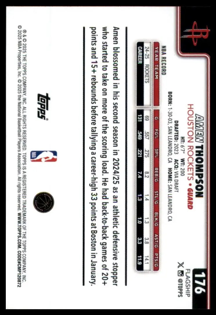 2025-26 Topps Amen Thompson #176 Houston Rockets Basketball Card NBA Sports - Basketball Card Single