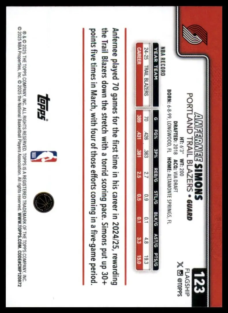 2025-26 Topps Anfernee Simons #123 Portland Trail Blazers Basketball Card NBA
