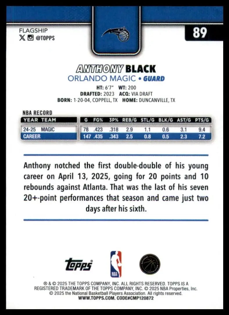 2025-26 Topps Anthony Black #89 Orlando Magic Basketball Card NBA Sports - Basketball Card Single