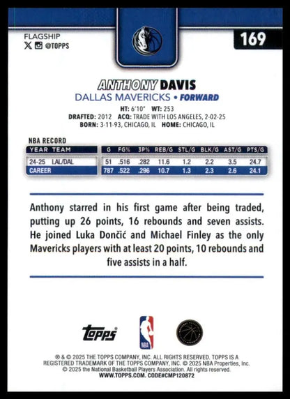 2025-26 Topps Anthony Davis #169 Dallas Mavericks Basketball Card NBA Sports - Trading Cards