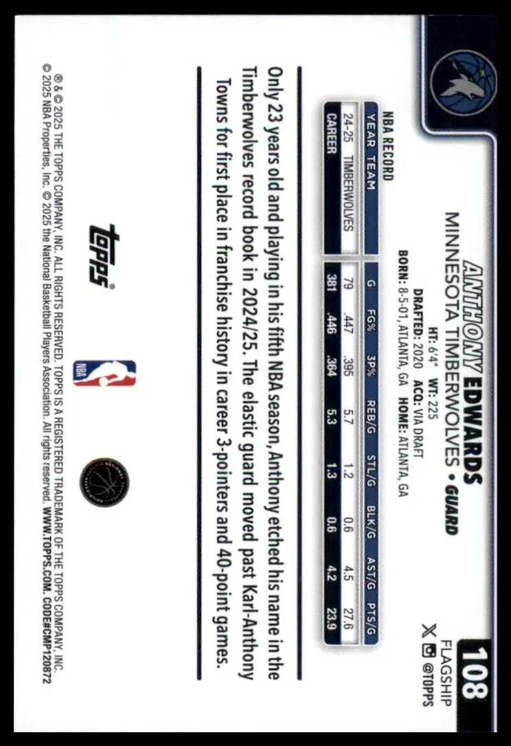 2025-26 Topps Anthony Edwards #108 Minnesota Timberwolves Basketball Card NBA Sp - Basketball Card Single