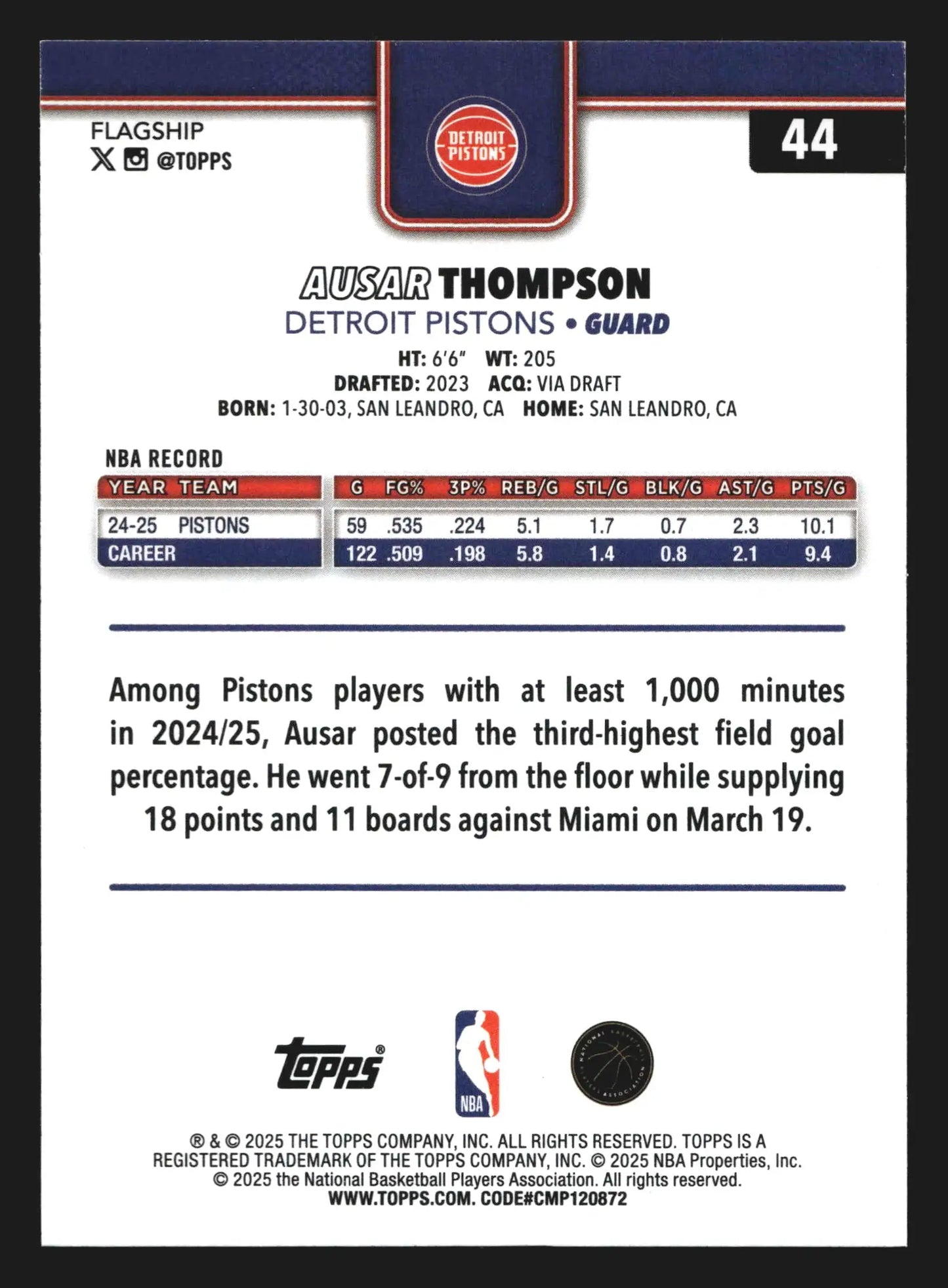2025-26 Topps Ausar Thompson #44 Detroit Pistons