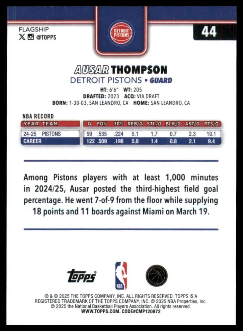 2025-26 Topps Ausar Thompson #44 Detroit Pistons Basketball Card NBA Sports - Basketball Card Single
