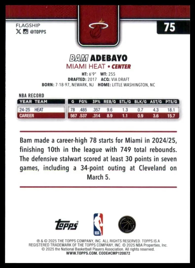 2025-26 Topps Bam Adebayo #75 Miami Heat Basketball Card NBA Sports - Basketball Card Single