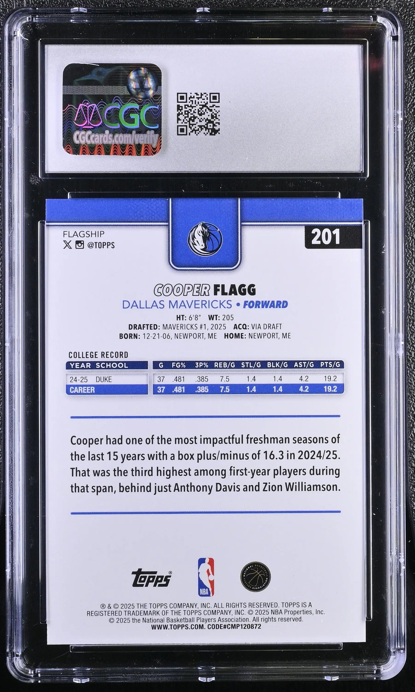 2025-26 Topps Basketball Cooper Flagg #201 CGC 10 Gem Mint RC #17 - Basketball Card Single