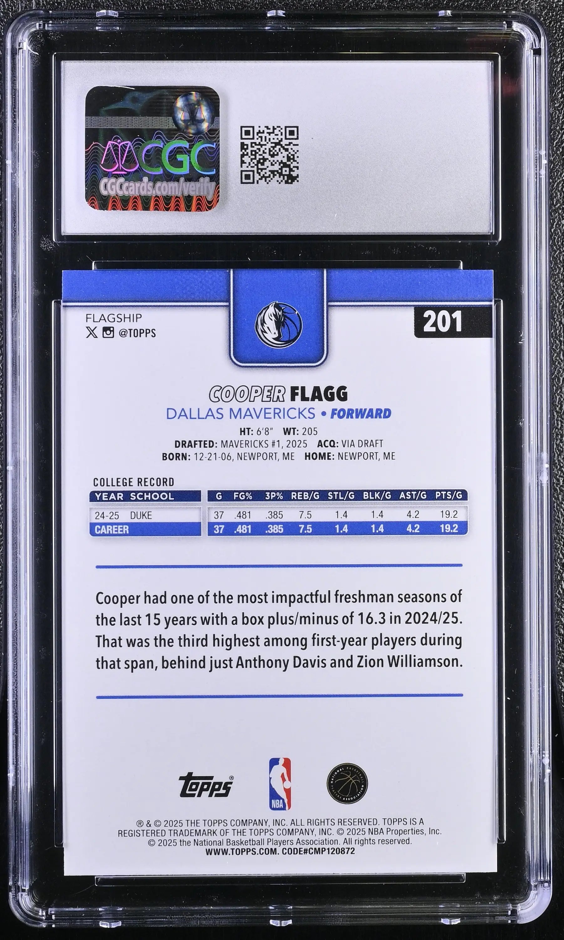 2025-26 Topps Basketball Cooper Flagg #201 CGC 10 Gem Mint RC #17 - Basketball Card Single