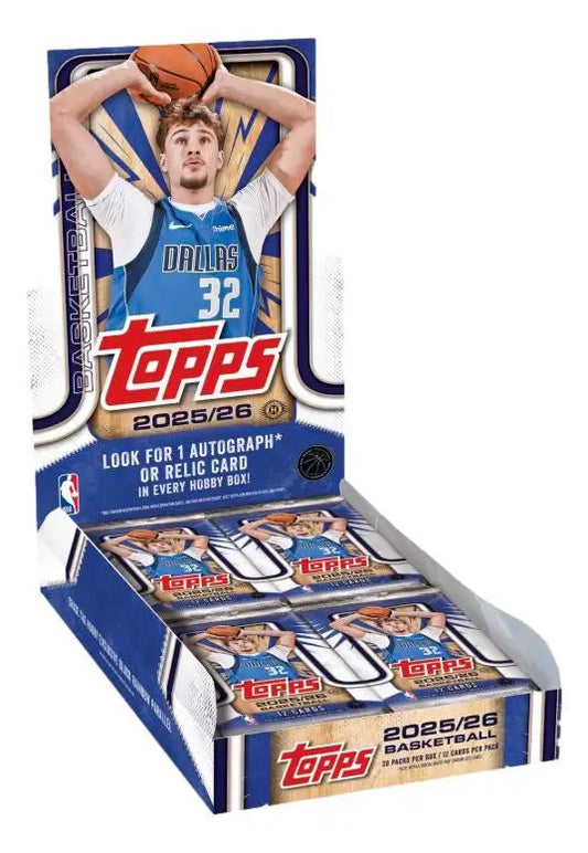 Display box of 2025/26 Topps Basketball trading card packs featuring black and red rainbows