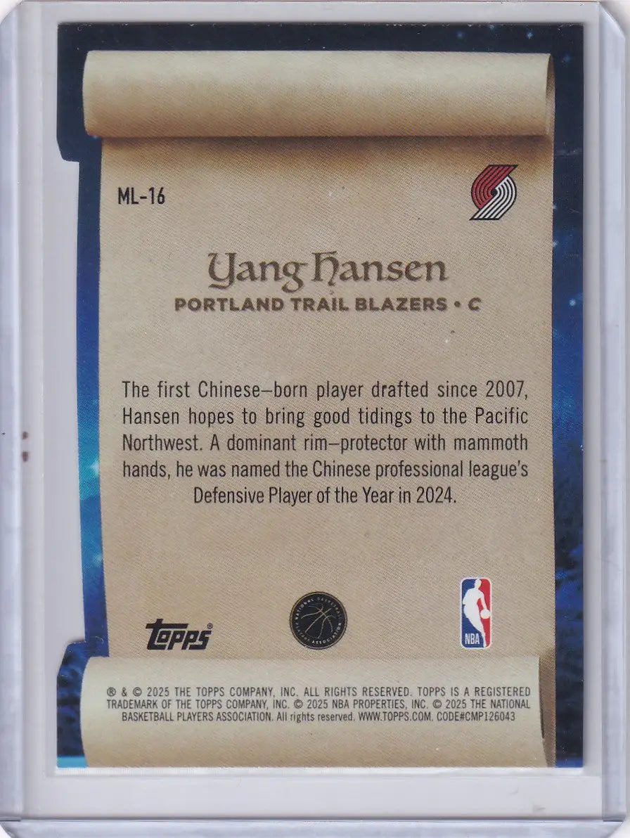 2025-26 Topps Basketball Making the List #ML-16 Yang Hansen - Trail Blazers - Basketball Card Single