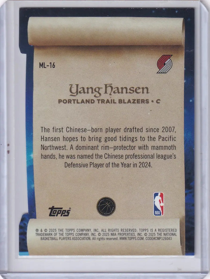 2025-26 Topps Basketball Making the List #ML-16 Yang Hansen - Trail Blazers - Basketball Card Single