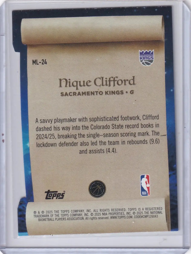 2025-26 Topps Basketball Making the List #ML-24 Nique Clifford - Sacramento King - Basketball Card Single