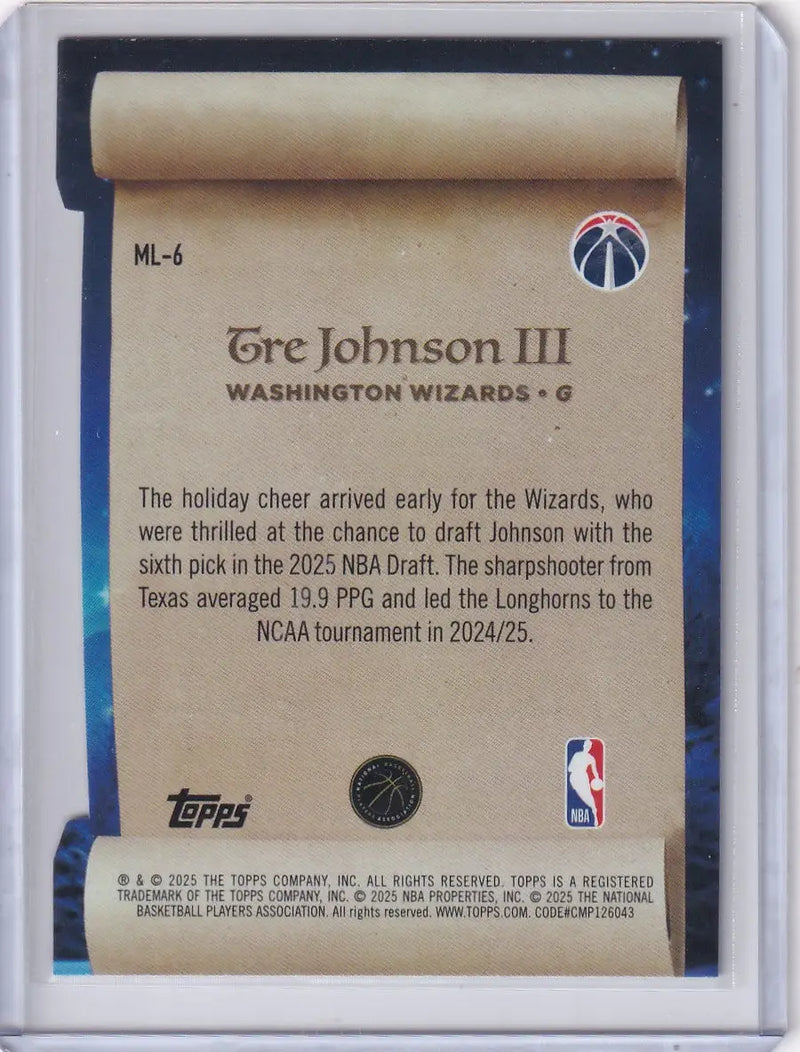 2025-26 Topps Basketball Making the List #ML-6 Tre Johnson III -Wizards - Basketball Card Single