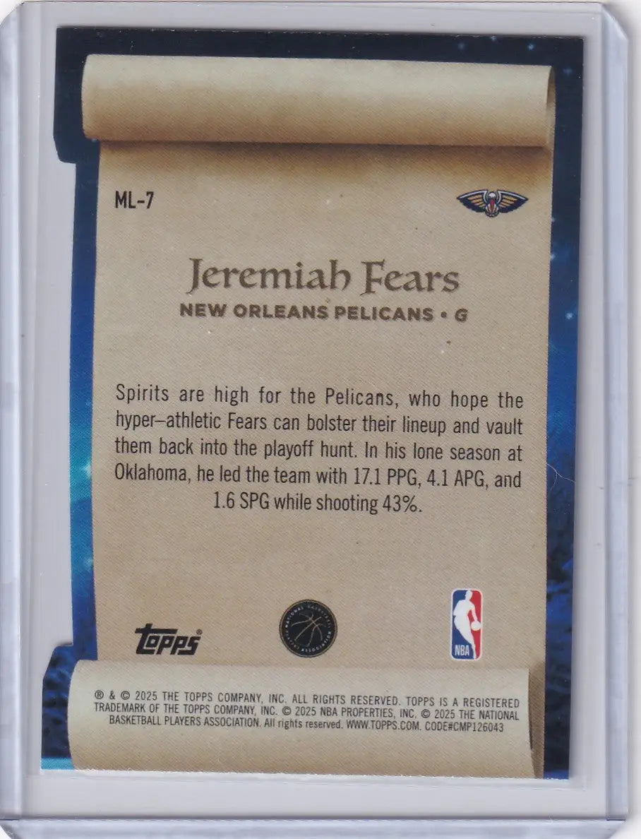 2025-26 Topps Basketball Making the List #ML-7 Jeremiah Fears - Pelicans - Basketball Card Single