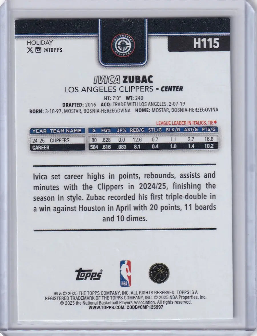 2025-26 Topps Basketball Plaid #H115 Ivica Zubac - Los Angeles Clippers - Basketball Card Single