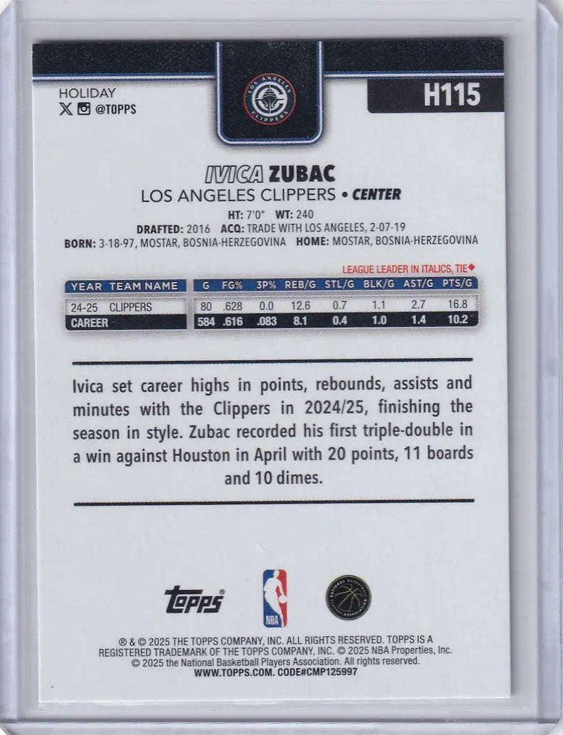 2025-26 Topps Basketball Plaid #H115 Ivica Zubac - Los Angeles Clippers - Basketball Card Single