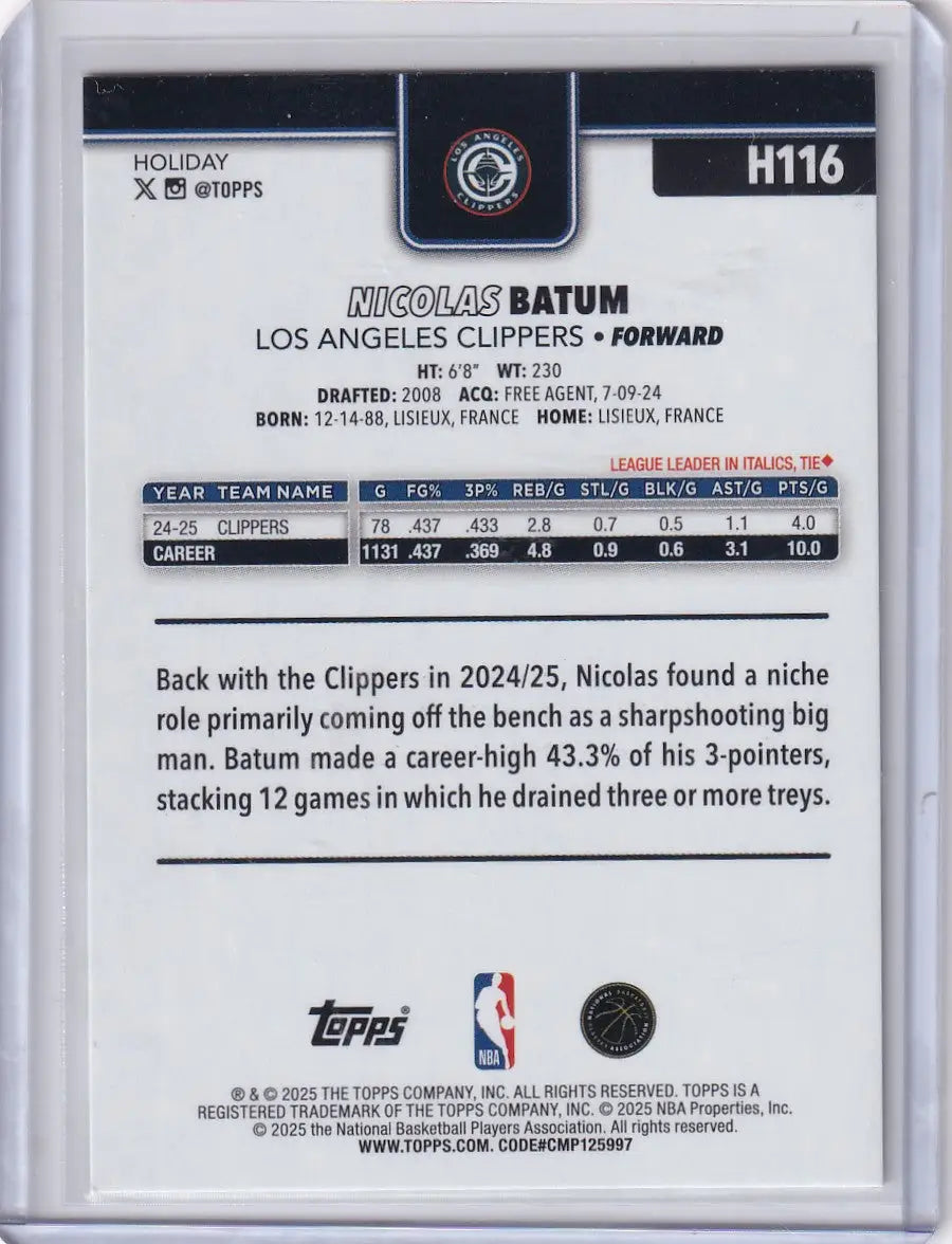 2025-26 Topps Basketball Plaid #H116 Nicolas Batum - Los Angeles Clippers - Basketball Card Single