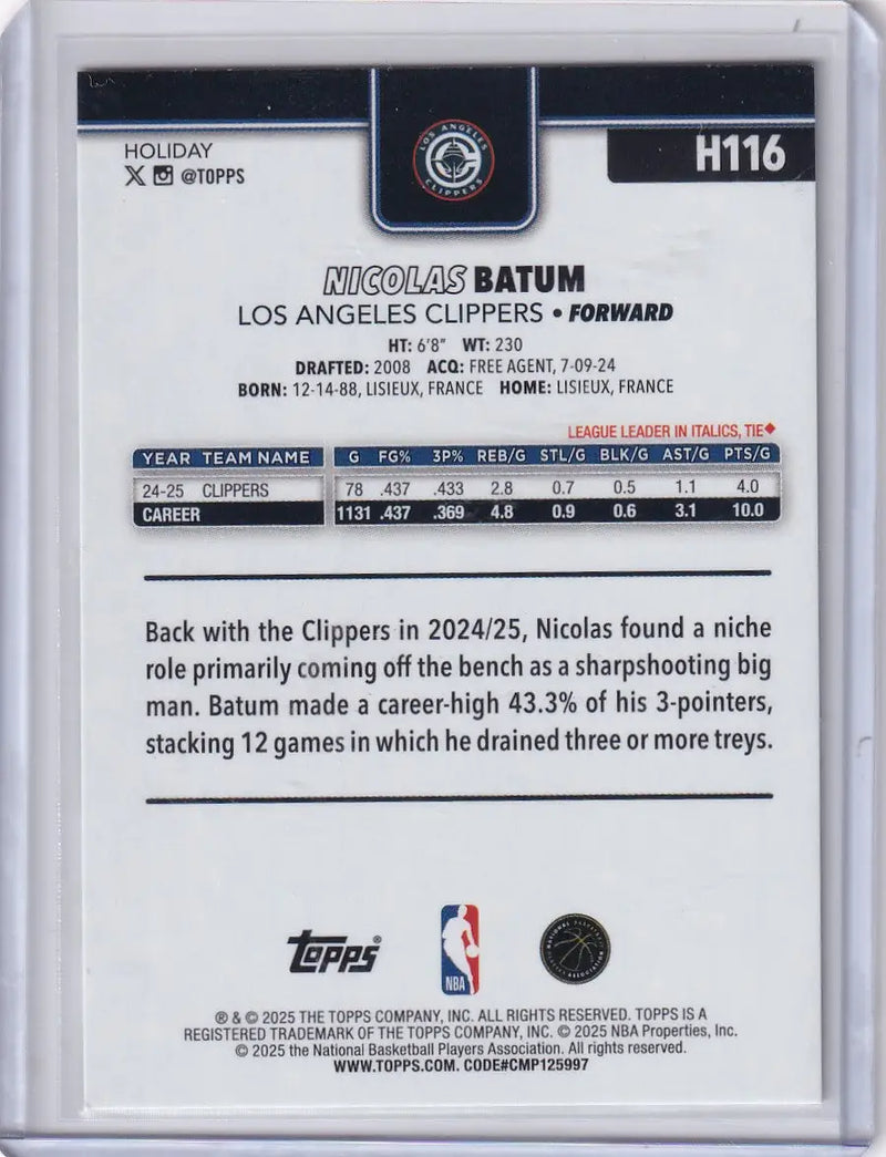 2025-26 Topps Basketball Plaid #H116 Nicolas Batum - Los Angeles Clippers - Basketball Card Single