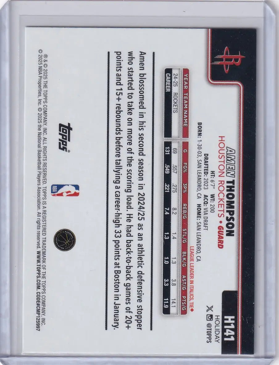 2025-26 Topps Basketball Plaid #H141 Amen Thompson - Houston Rockets - Basketball Card Single