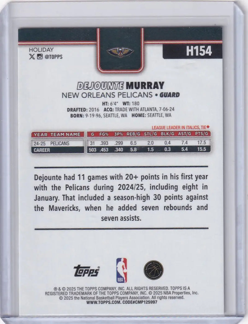 2025-26 Topps Basketball Plaid #H154 Dejounte Murray - New Orleans Pelicans - Basketball Card Single