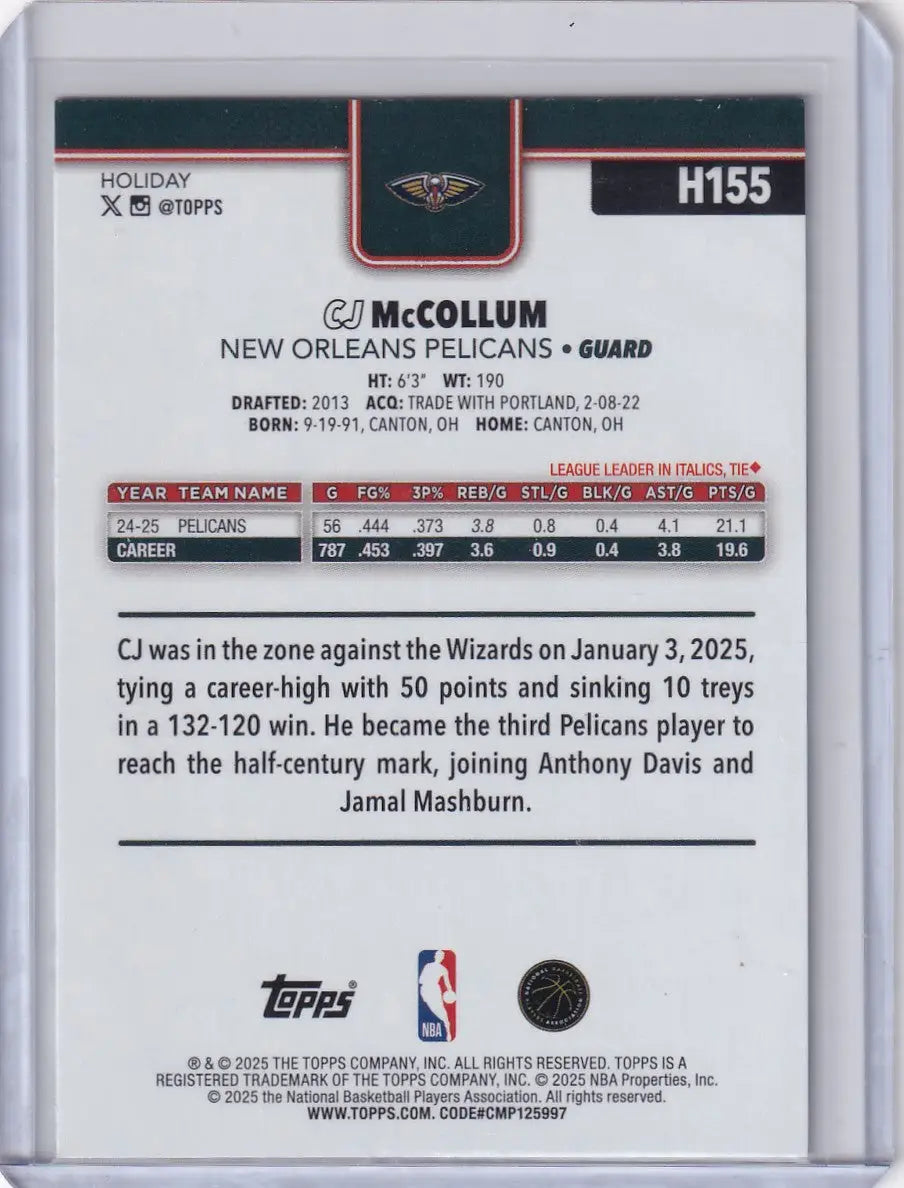 2025-26 Topps Basketball Plaid #H155 CJ McCollum - New Orleans Pelicans - Basketball Card Single
